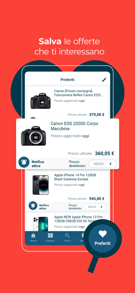 Interface de l'application Trovaprezzi montrant les produits préférés enregistrés et les alertes de prix actives