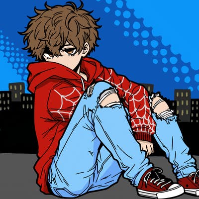 a male hoddie ripped jeans messy hair anime