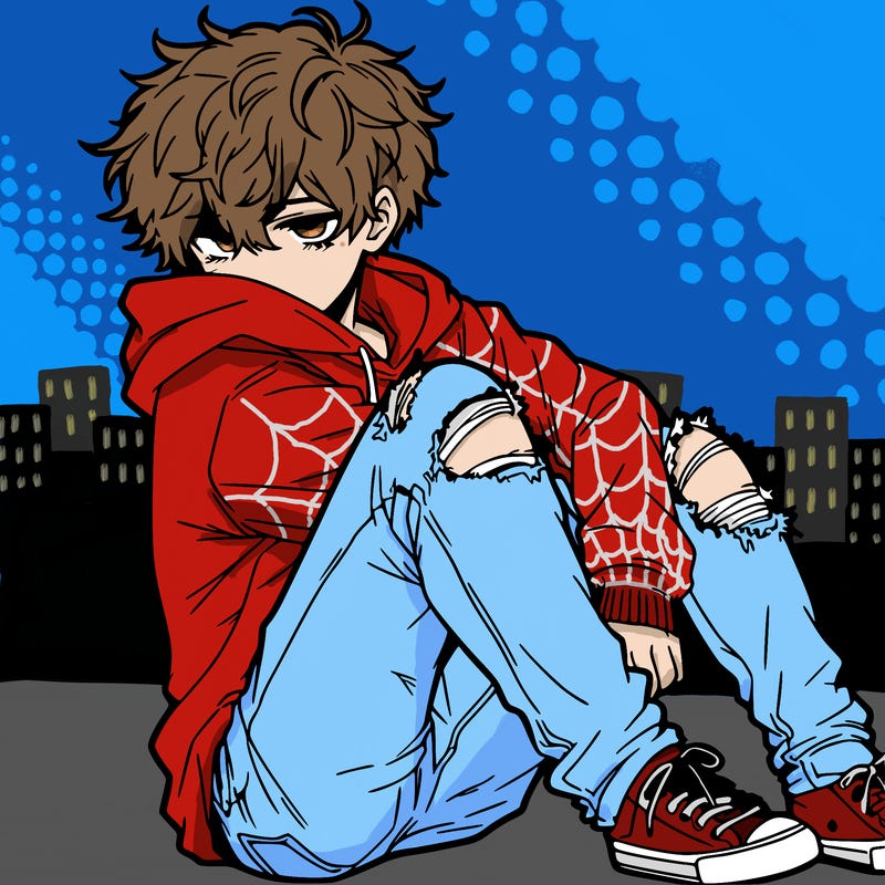 a male hoddie ripped jeans messy hair anime