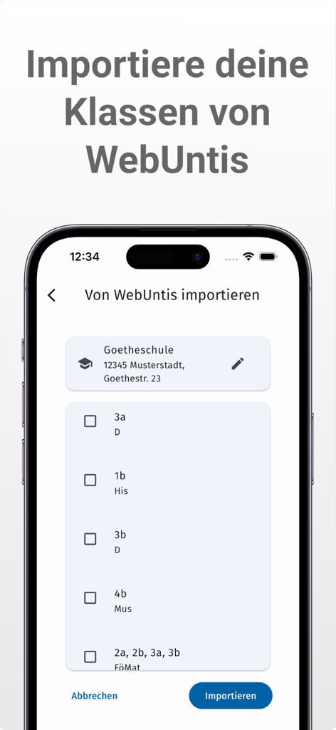 neno - Screenshot of the neno app showing a list of school classes ready to be imported from WebUntis