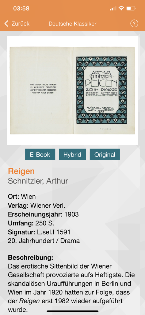 Deutsche Klassiker - Book details for Reigen by Arthur Schnitzler in the Deutsche Klassiker app featuring an original first edition scan and bibliographic information.