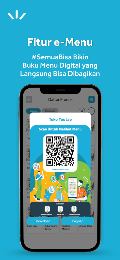 Youtap POS app screen showcasing the digital menu feature with a scanable QR code for customers