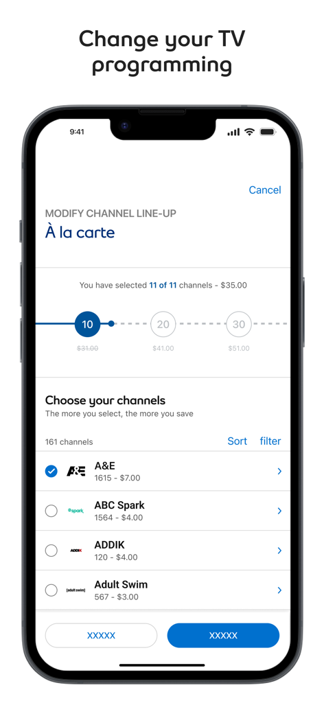 Capture d'écran de l'interface de l'application MyBell permettant de modifier la liste des chaînes de télévision et de sélectionner les chaînes à la carte.