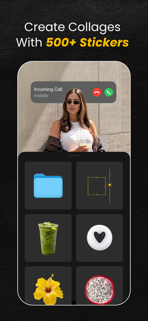 Interface de l'application mobile pour créer des collages de photos avec des autocollants et des superpositions esthétiques