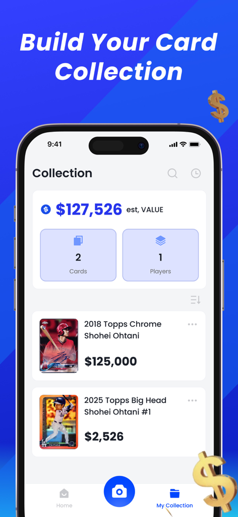 Cardly: AI Sports Card Scanner - Cardly app interface showing a sports card collection portfolio with an estimated value and list of Shohei Ohtani cards