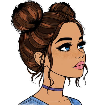 realistic girl with buns on the top of her head