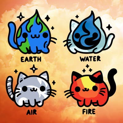4 cats that represent the different elements, earth, water, air, and fire