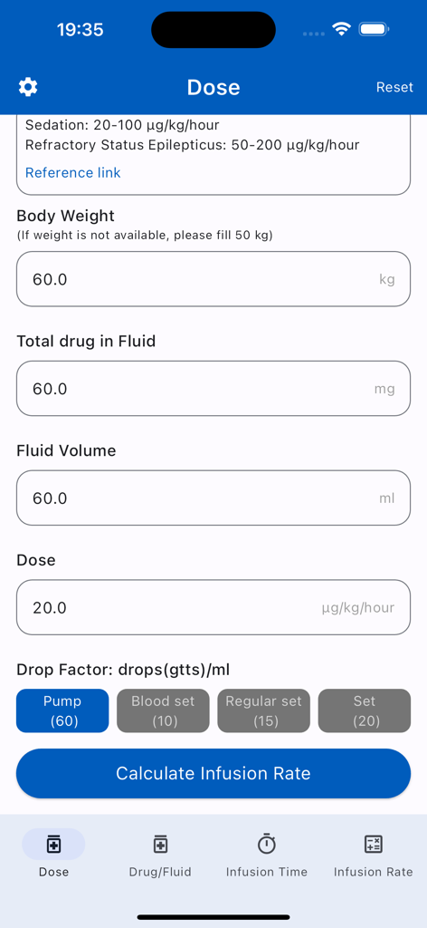 Infusion Calculator app interface for calculating medical dose based on body weight drug amount and fluid volume