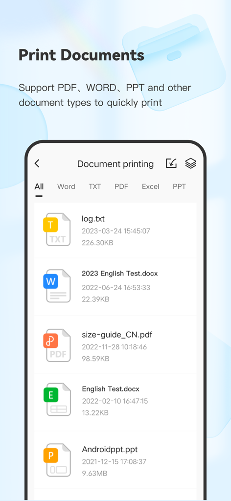 XLife Pro - XLife Pro App-Bildschirm mit Optionen zum Drucken von Dokumenten und einer Liste von PDF-, Word- und PPT-Dateien, die zum Drucken bereit sind.