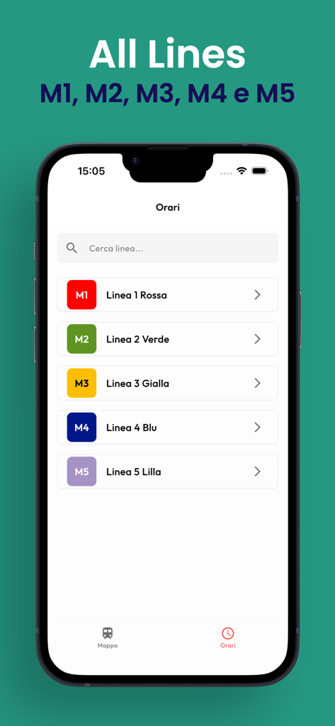 Screenshot dell'app Metro Milan che mostra un elenco di tutte le linee della metropolitana M1-M5 con i rispettivi colori
