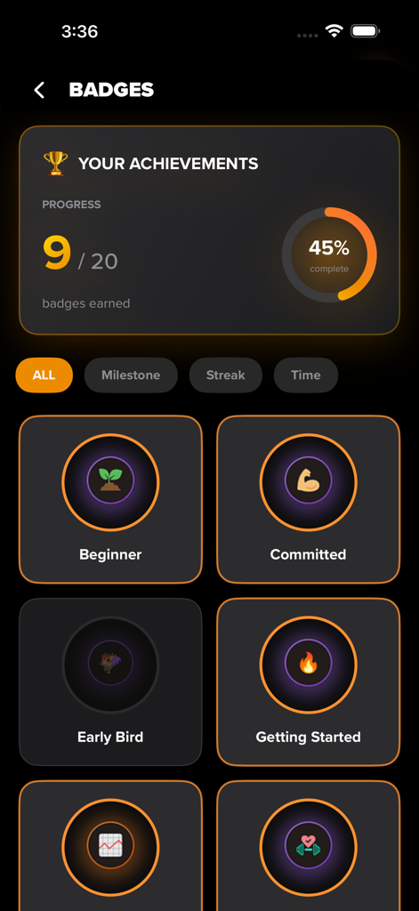 BrainTap app screen showing user achievements with 9 out of 20 badges earned including Beginner and Committed status