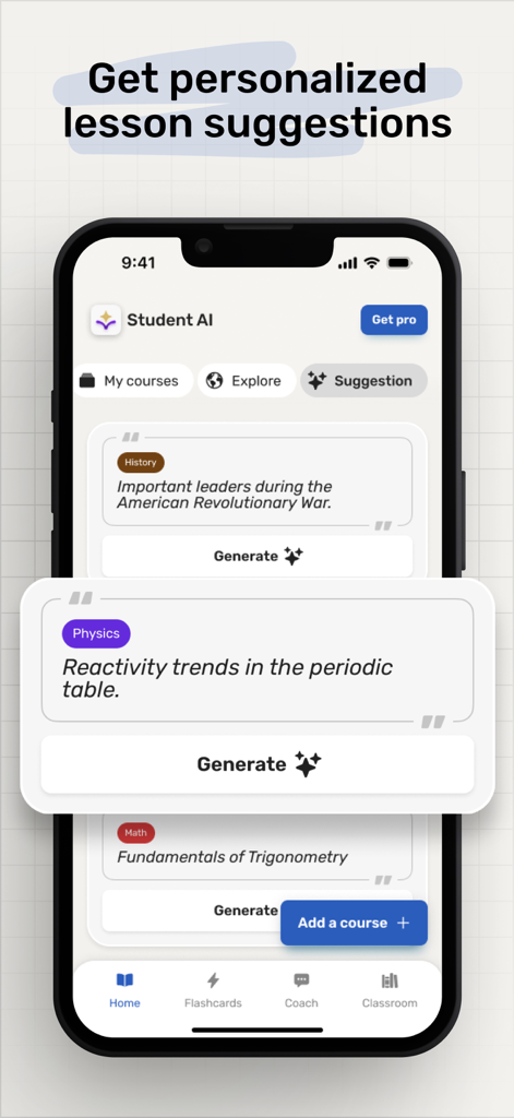 역사 및 물리학과 같은 다양한 과목에 대한 개인화된 수업 제안을 보여주는 Student AI 앱의 인터페이스.