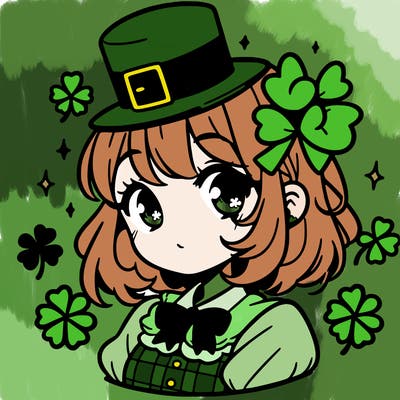 a manga-style girl with clovers around her, a little hat in her hair, like it's saint patrick's day