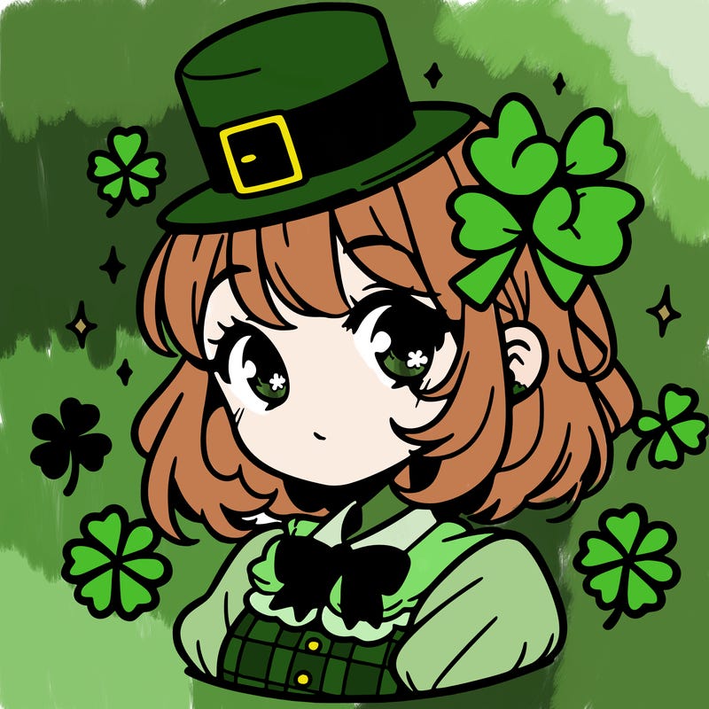 a manga-style girl with clovers around her, a little hat in her hair, like it's saint patrick's day