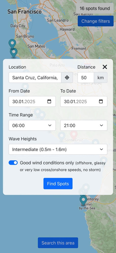 Kook Surf Finder – Spot Filter - Kook Surf Finder search filters screen showing wave height and wind condition settings on a map of Santa Cruz California