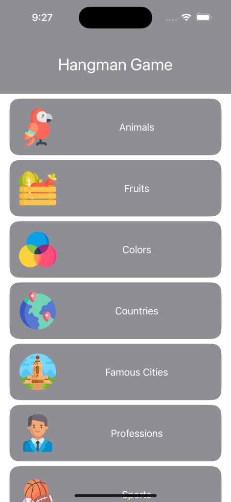 Menu screen of Hanging Cat game showing word puzzle categories like Animals Fruits and Countries