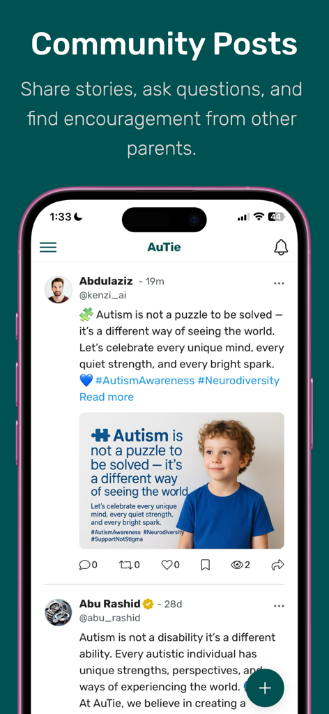 AuTie: Together for Autism - The community posts section of the AuTie app showing supportive messages for parents of children with autism