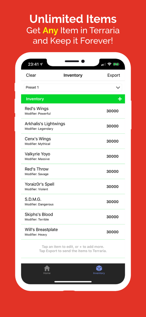 Plug for Terraria - Plug for Terraria app interface showing a list of rare items and modifiers in the inventory screen