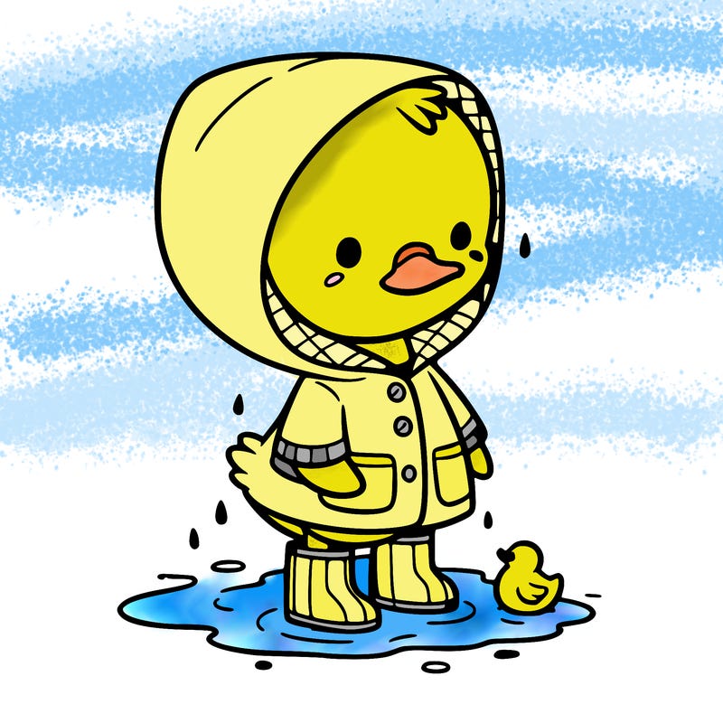 baby duck in a rain coat and boots, in a puddle while it’s raining