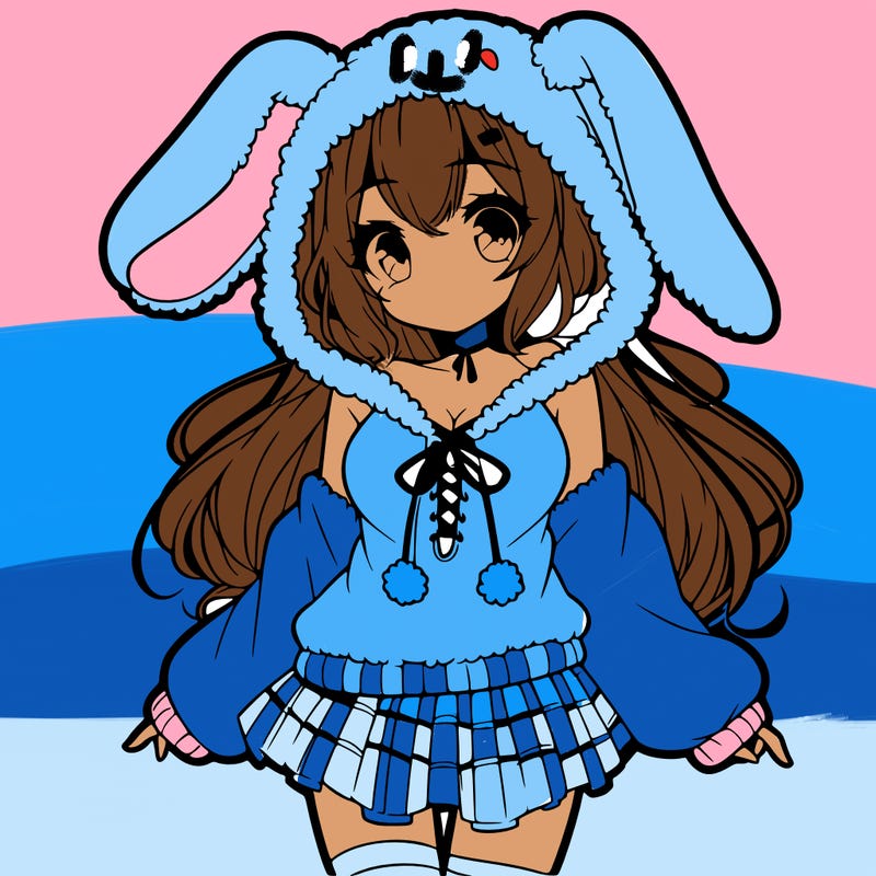 pretty anime girl wearing a fluffy hoodie with bunny ears on the hood and a skirt