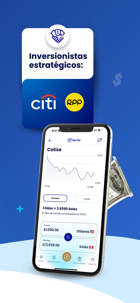 Rextie Mobile App-Oberfläche, die einen Graph des US-Dollar-zum-peruanischen-Soles-Wechselkurses und einen Umrechner anzeigt