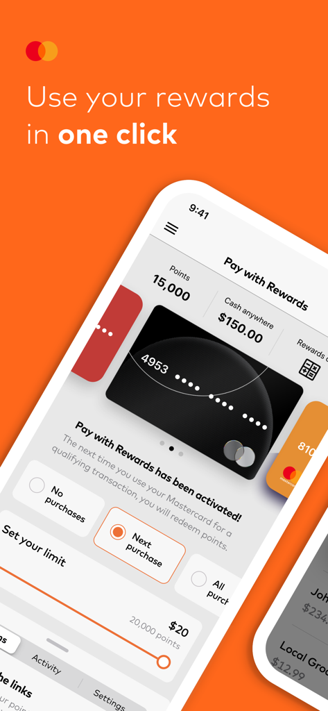 Pay with Rewards - Mastercard Pay with Rewards app interface showing points balance and activation settings
