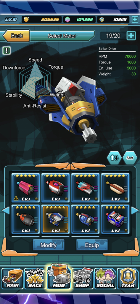 Motor selection screen in Mini Legend showing part stats and technical specifications