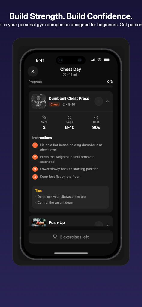 FitStart App - A screenshot of the FitStart App showing a guided chest workout with step by step instructions for a dumbbell chest press.