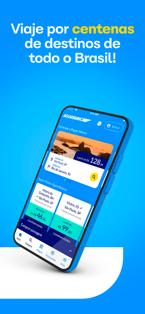 Águia Branca Passagens - Uno smartphone che mostra l'interfaccia dell'app mobile Aguia Branca per la prenotazione di biglietti dell'autobus in tutto il Brasile