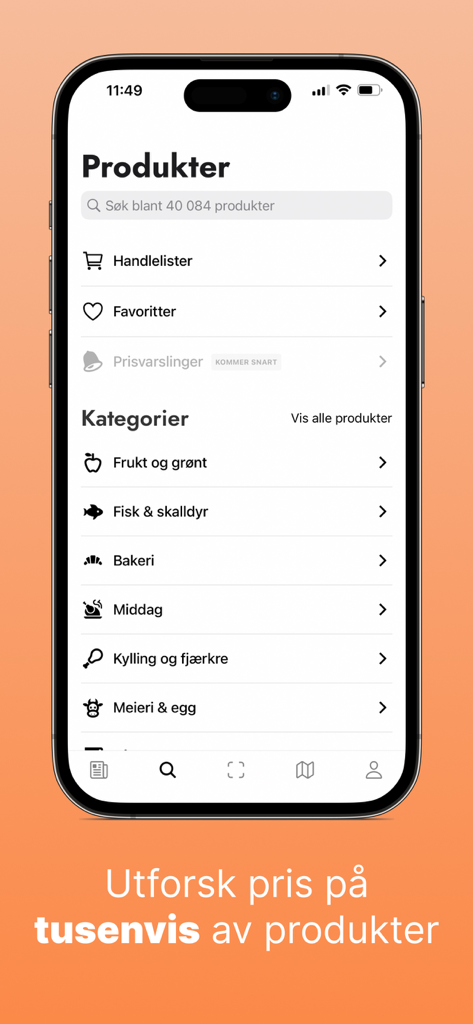 Pantalla de la aplicación móvil Prisjegere que muestra categorías de productos de comestibles y una barra de búsqueda