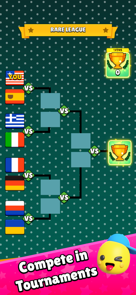 A tournament bracket for the Rare League in the Dots N Numbers mobile game showing players represented by international flags.