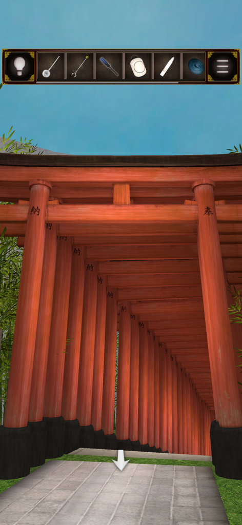 First-person view of a long corridor of red torii gates in a Japanese shrine themed escape game.