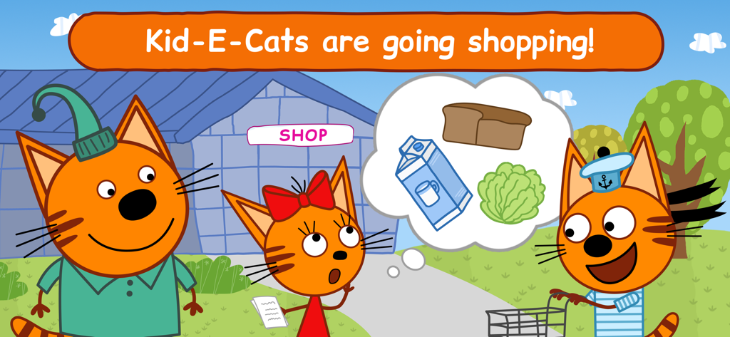 Kid-E-Cats: Supermarket Game! - Kid-E-Cats characters with a shopping cart and a thought bubble of groceries