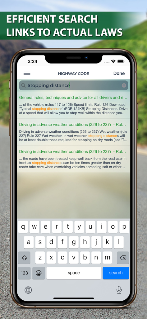 The Highway Code 2026 - Search results for stopping distances in the Highway Code 2026 mobile app.