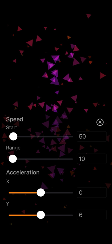 黒い背景に紫色の三角形のパーティクルの速度と加速度を調整するためのスライダーが表示されたParticle Generatorアプリのモバイルインターフェース