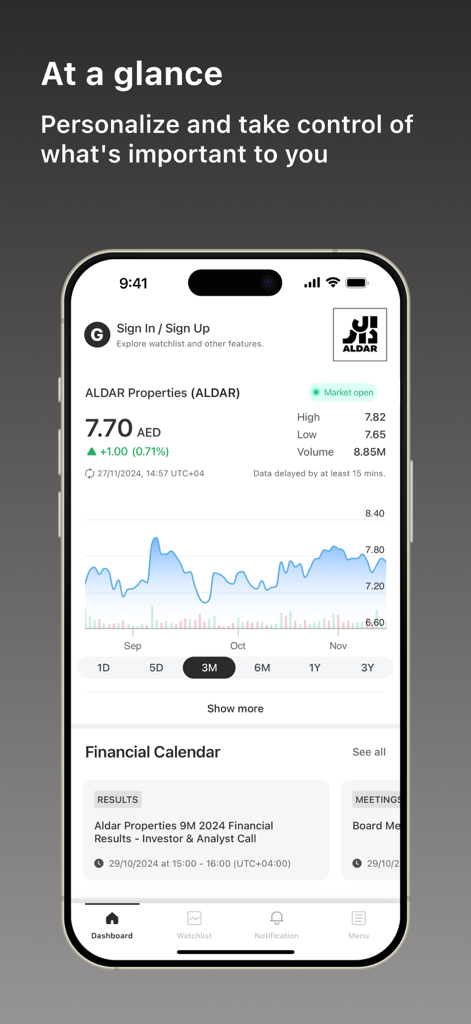Aldar Investor Relations mobile app dashboard displaying real-time stock price and an interactive performance chart