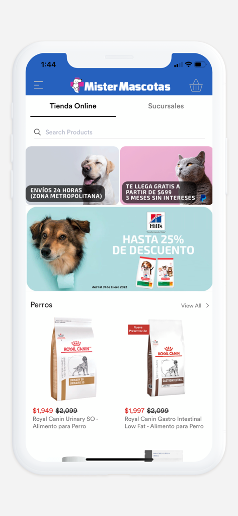 Veterinarias Mister Mascotas - Mister Mascotas mobile app interface showing the online store with premium dog food products and promotional banners