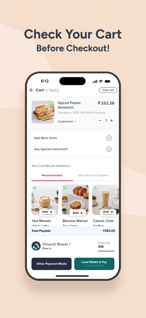 Mobile app screen for Third Wave Coffee India showing a food cart with a sandwich and recommended drinks