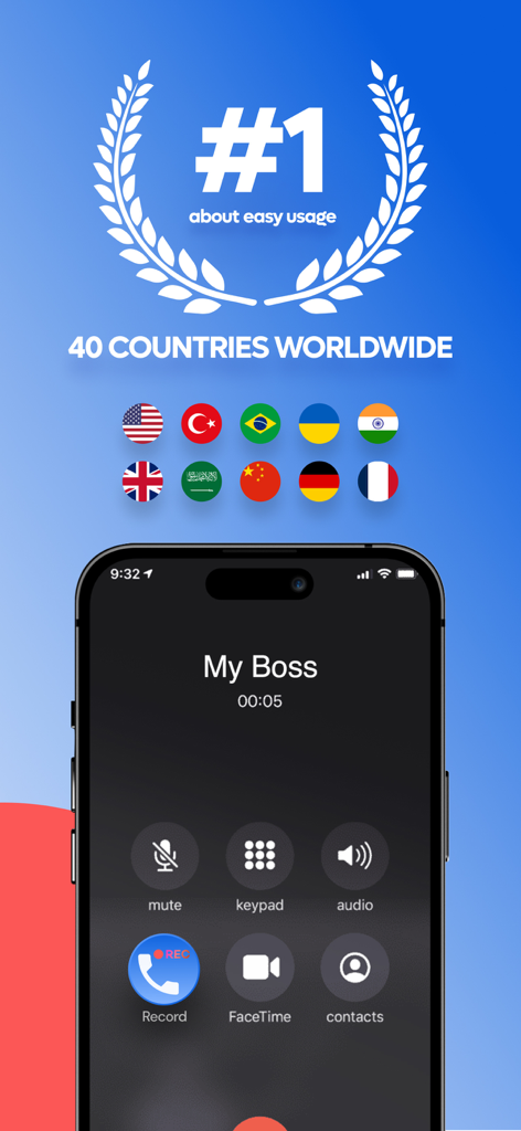 Call Recorder: ACR Phone Calls - Interface de l'application Call Recorder ACR montrant un bouton d'enregistrement pendant un appel avec un supérieur et des statistiques d'utilisation mondiales.