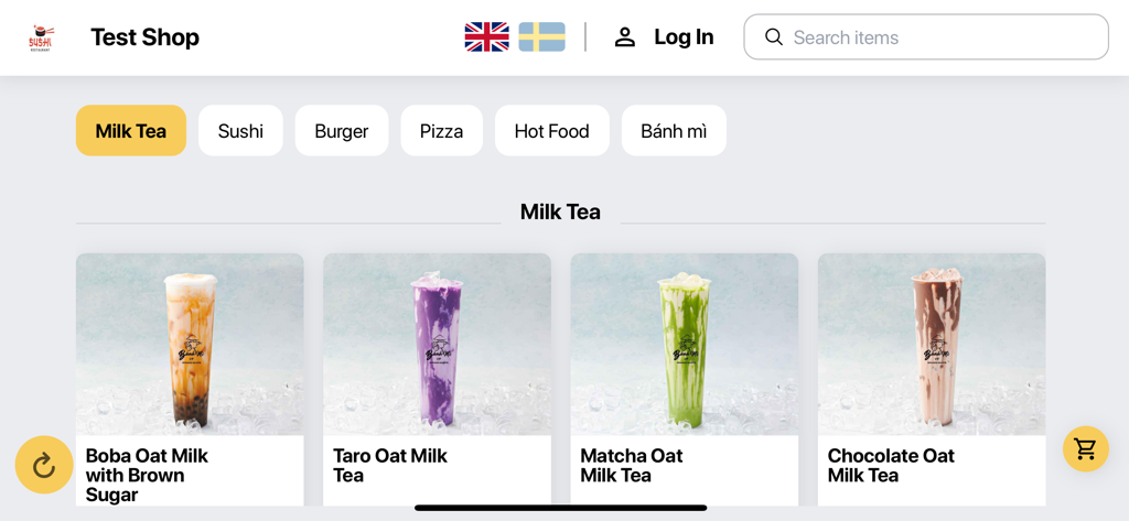 Ordera POS - Digital menu interface of Ordera POS displaying milk tea options for a bubble tea shop