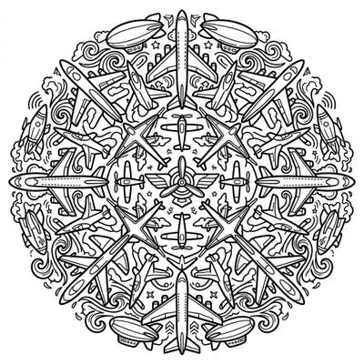 Unleash your inner aviator with this dynamic Aircraft Pop Art Mandala coloring page, blending intricate aerial motifs with bold artistic flair. This unique design offers a captivating creative journey for all ages, combining the thrill of flight with symmetrical beauty.