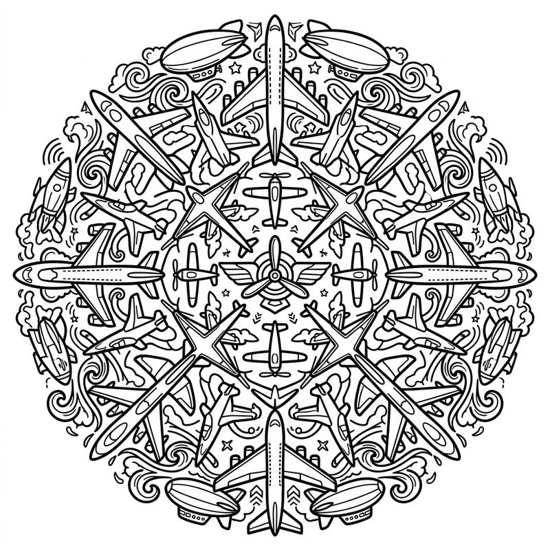 Unleash your inner aviator with this dynamic Aircraft Pop Art Mandala coloring page, blending intricate aerial motifs with bold artistic flair. This unique design offers a captivating creative journey for all ages, combining the thrill of flight with symmetrical beauty.