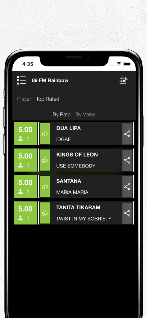 Top rated songs list on the 89 FM Rainbow radio app featuring classic hits.
