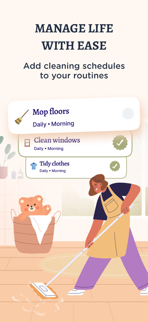 TeddyCare: Daily Routine Plan - 床を拭き、服を整頓するタスクと、モップをかけている女性のイラストが描かれた、掃除ルーティンを示すモバイルアプリの画面。