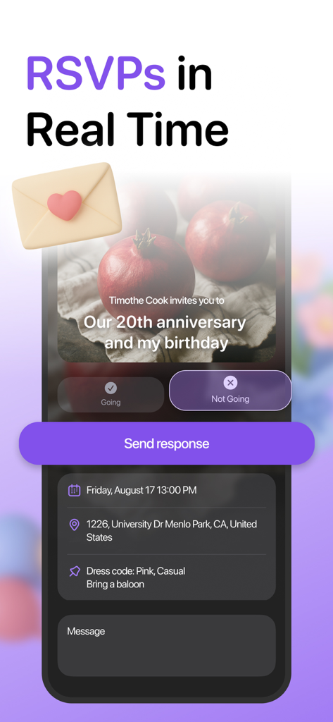 RushDay: Party & Event Planner - Interfaz de la app RushDay que muestra las respuestas de confirmación de asistencia en tiempo real para una invitación a un evento.