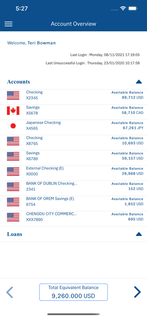 NBK International Mobile - Tela de visão geral da conta do NBK International Mobile exibindo saldos em diferentes moedas