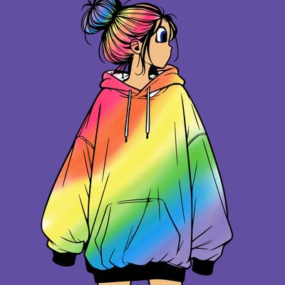 realistic girl with a oversized sweatshirt on and a bun