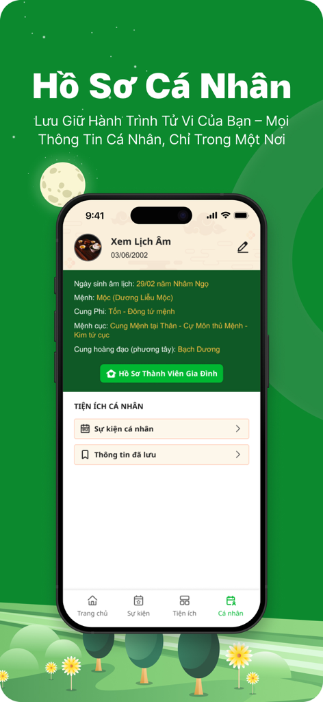 Lịch Âm - Lịch Vạn Niên 2026 - Pantalla de perfil personal en una aplicación de calendario lunar vietnamita que muestra detalles del horóscopo y el destino