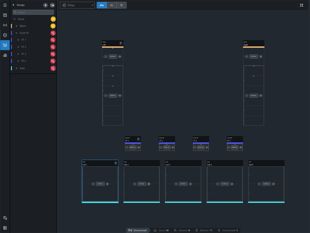 JBL Performance - JBL Performance app delay settings screen with visual speaker system layout