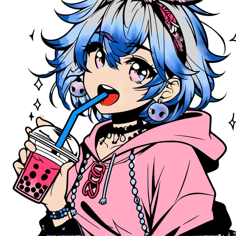 hot baddie anime girl drinking boba and biting the straw